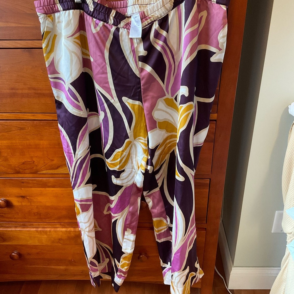 Women's Satin Floral Pajama Pants - Purple, Pink, and Yellow 3X